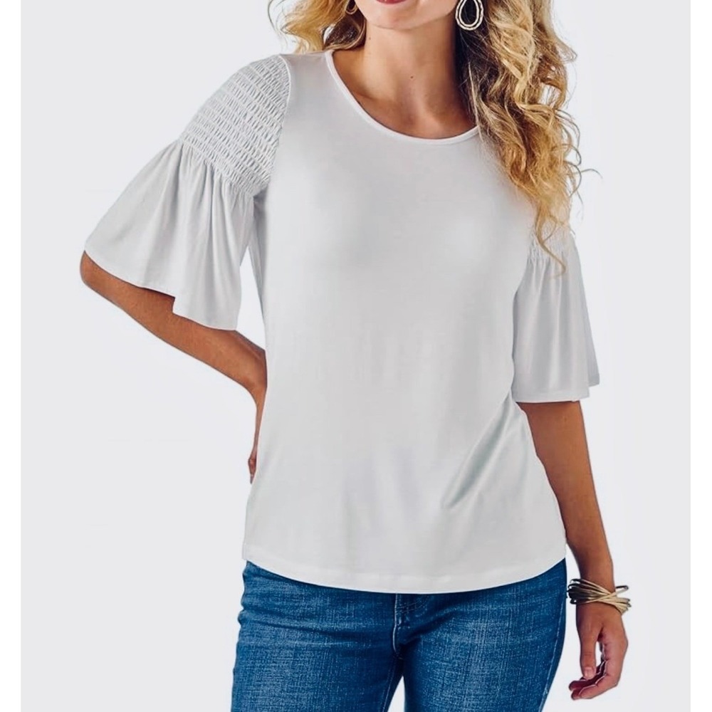 Wrangler Womens XL White Smocked Flutter Sleeve Knit Top 10LWEK63W Western New
